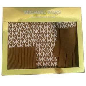 Michael Kors‎ Hat Scarf Gloves Set Womens OS Brown NWT Monogram Logo Gift Box
